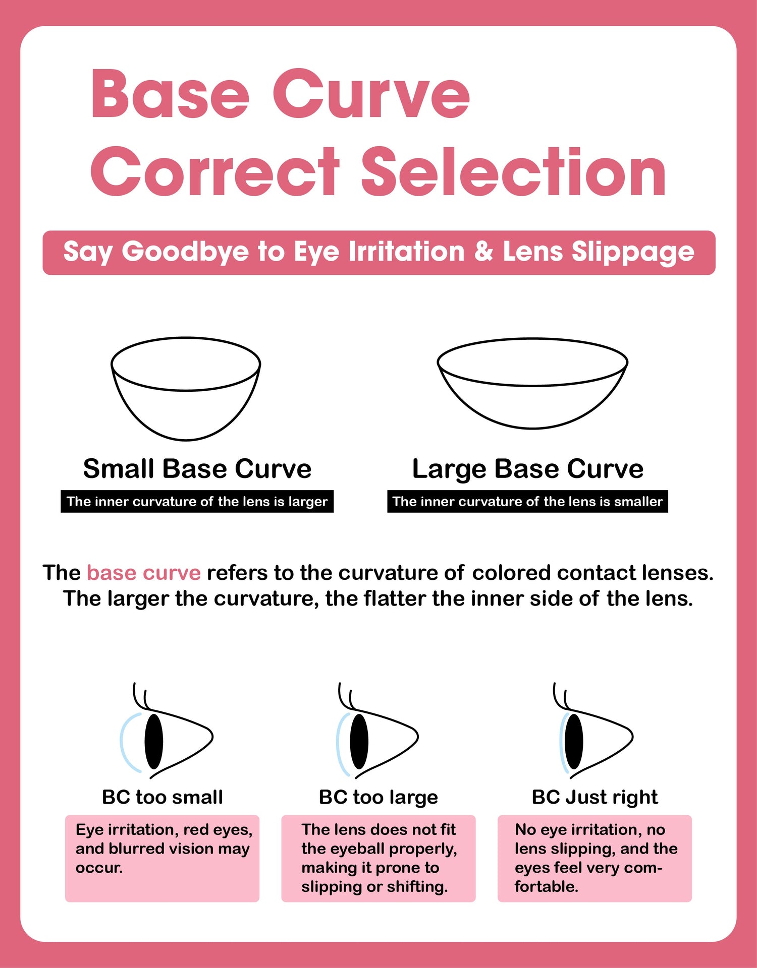 Choose the right base curve for your colored contact lenses! Say goodbye to slipping, eye irritation, and eye strain!